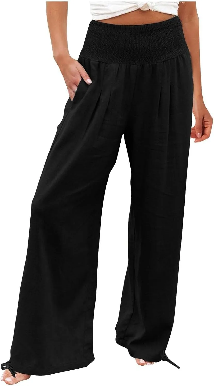 Wide Leg Linen Pants Women Summer High Waisted Boho Beach Flowy Pant Casual Vacation Outfits Elastic Lounge Trousers