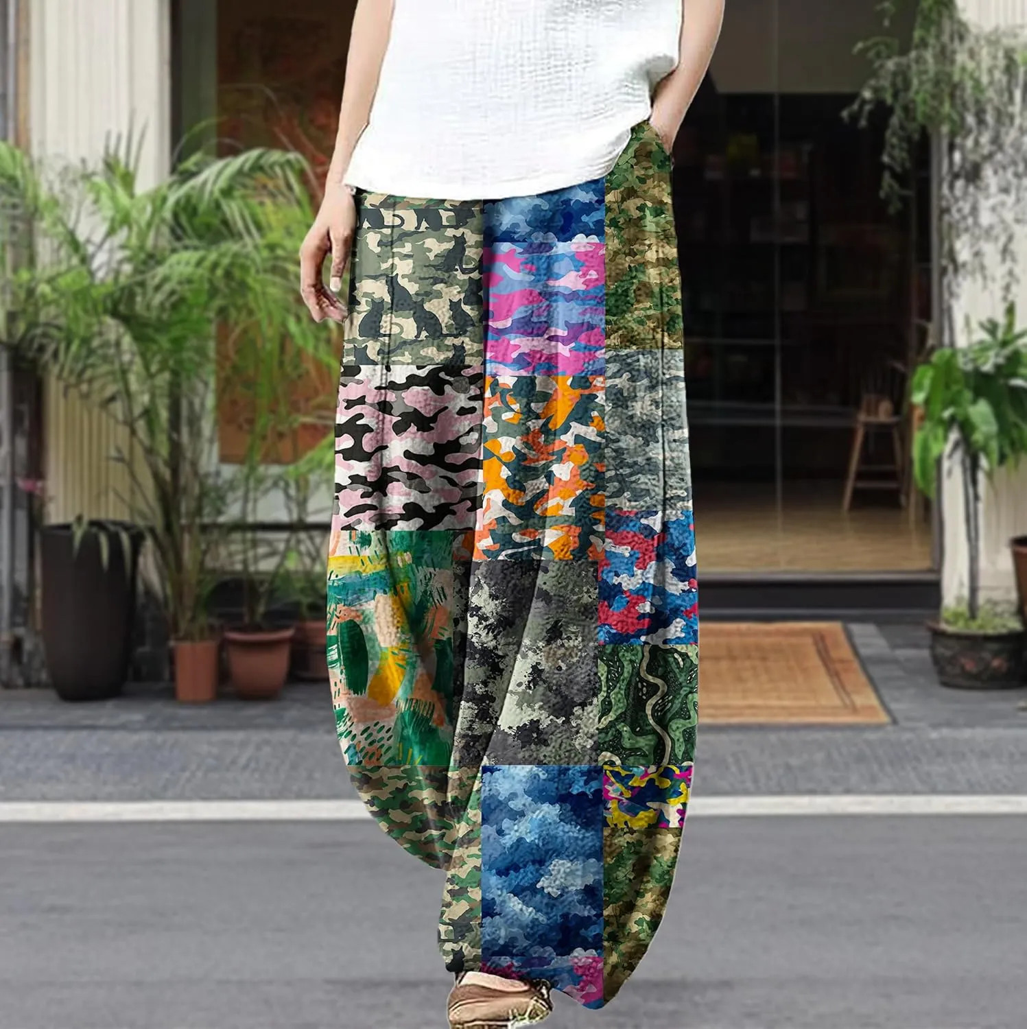 Wide Leg Patchwork Pants for Women Dressy Casual Palazzo Pants Plus Size Elastic Waist Lantern Harem Pants