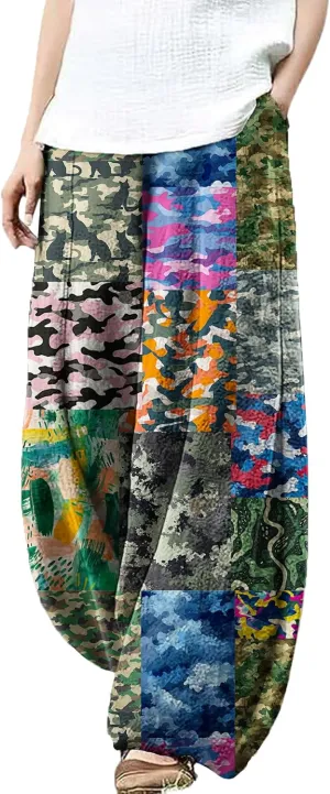 Wide Leg Patchwork Pants for Women Dressy Casual Palazzo Pants Plus Size Elastic Waist Lantern Harem Pants