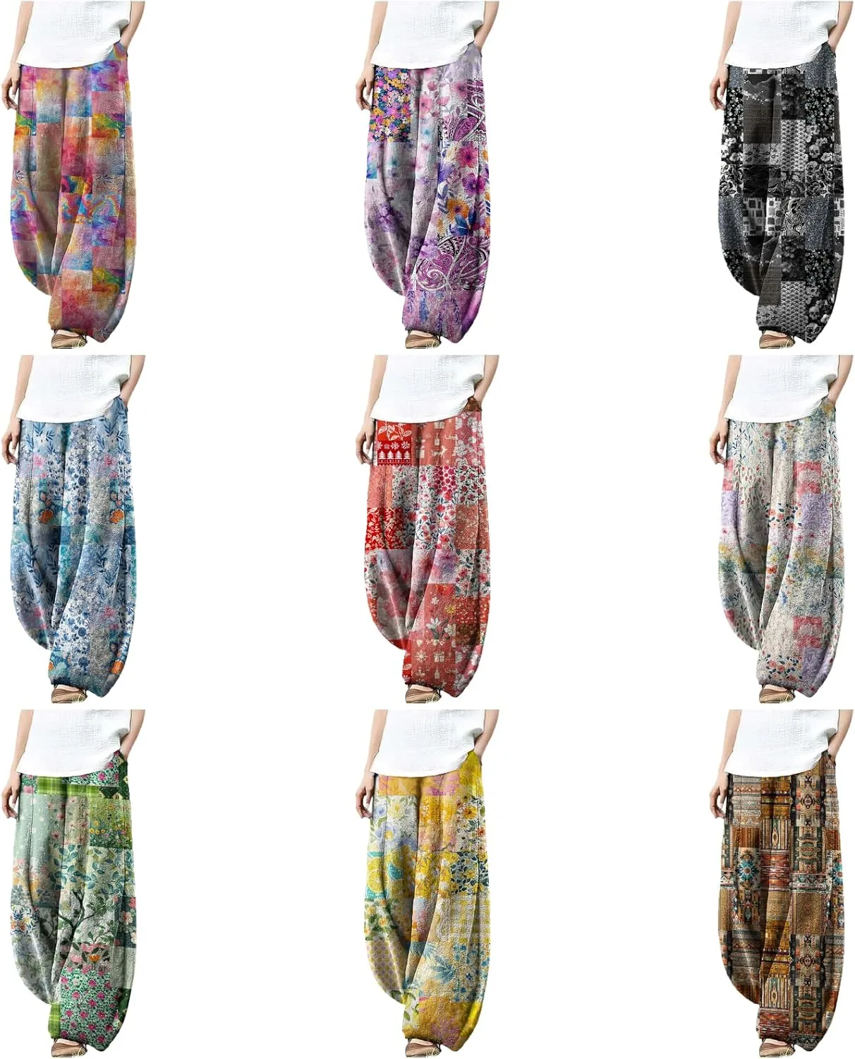 Wide Leg Patchwork Pants for Women Dressy Casual Palazzo Pants Plus Size Elastic Waist Lantern Harem Pants