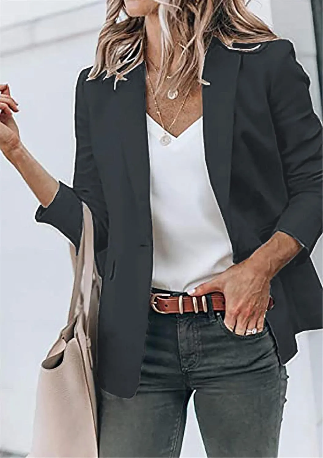 WIWIQS Women's Long Sleeve Open Front Blazer Lapel Work Office Casual Suit Solid Color Comfy Blazers