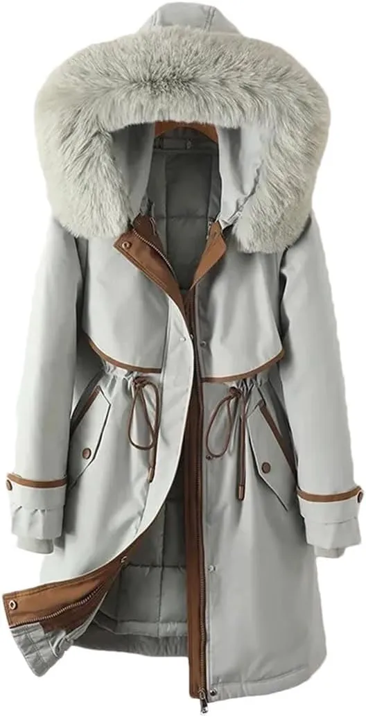 Woman Parker Cotton-Padded Jacket Long Liner Detachable Coat Waist Thick Warm Cotton-Padded Jacket Outwear Baby blue XL
