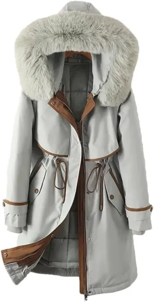 Woman Parker Cotton-Padded Jacket Long Liner Detachable Coat Waist Thick Warm Cotton-Padded Jacket Outwear Baby blue XL