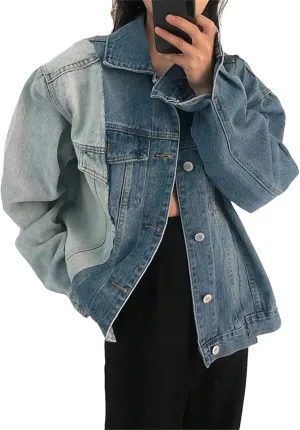 Women Asymmetry Color Matching Jean Jackets Irregular Casual Oversize Single Breasted Denim Coat