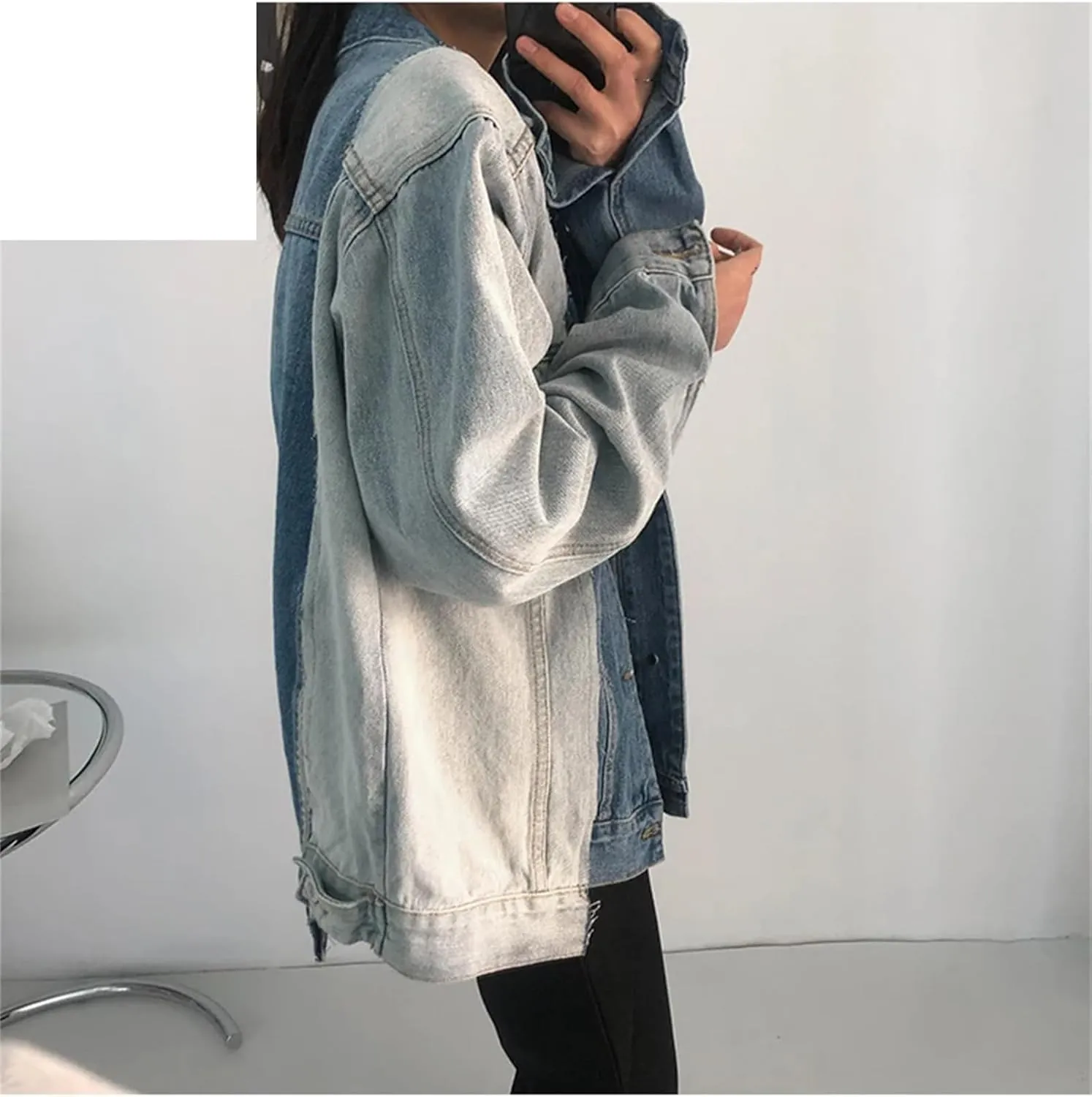 Women Asymmetry Color Matching Jean Jackets Irregular Casual Oversize Single Breasted Denim Coat