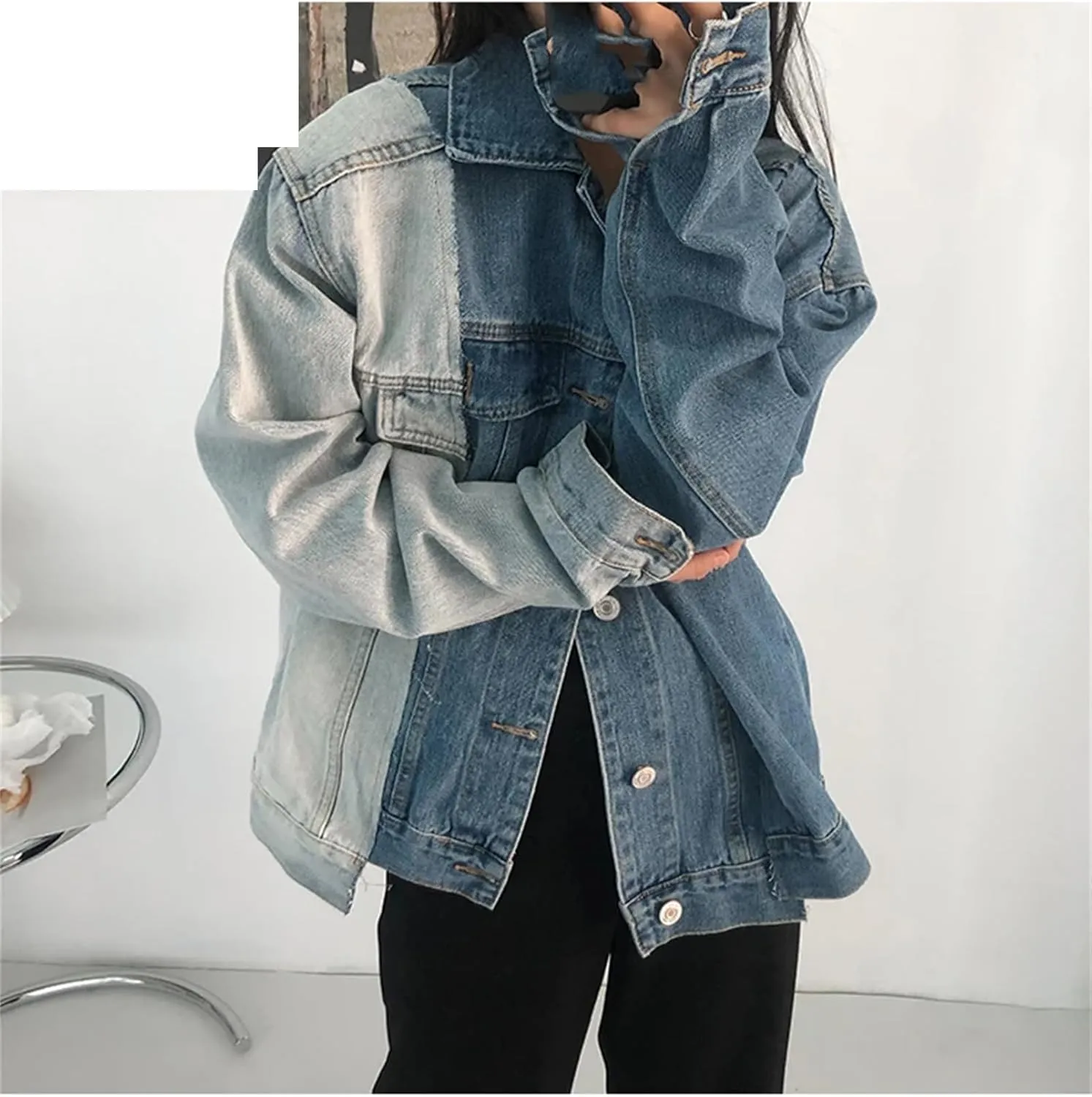 Women Asymmetry Color Matching Jean Jackets Irregular Casual Oversize Single Breasted Denim Coat