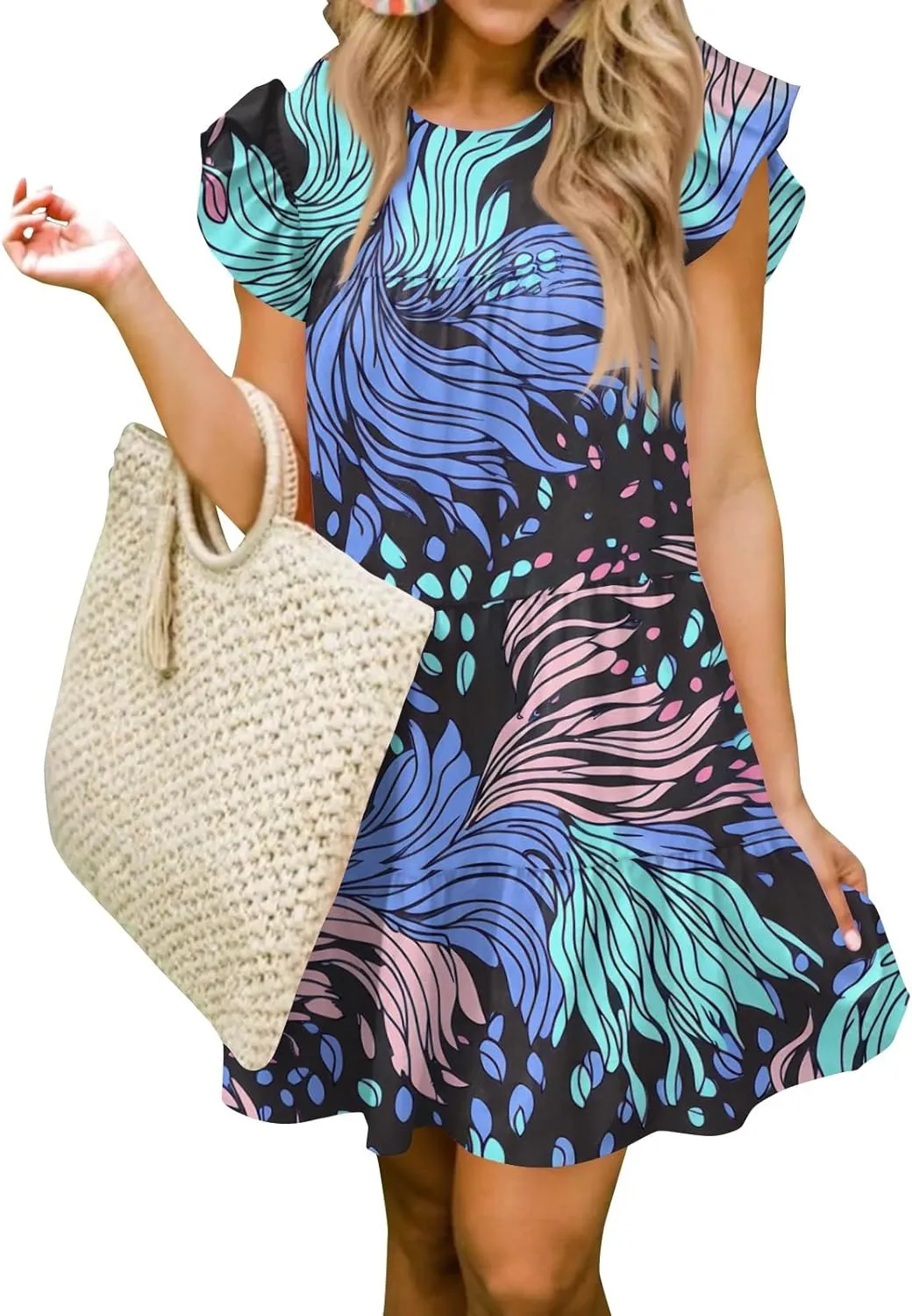 Women Babydoll Summer Casual Crew Neck Ruffle Sleeve Sleeveless Flowy Mini Short Tunic Dress Floral Print Pleated Dress4-Light Blue,Large