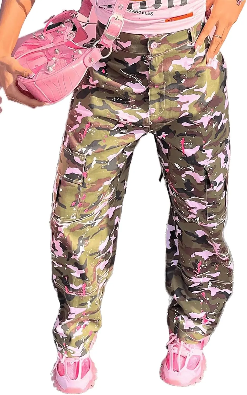 Women Camo Cargo Pants High Waist Baggy Wide Leg Camouflage Army Fatigue Joggers Trousers Slim Fit Pocket Sweatpants