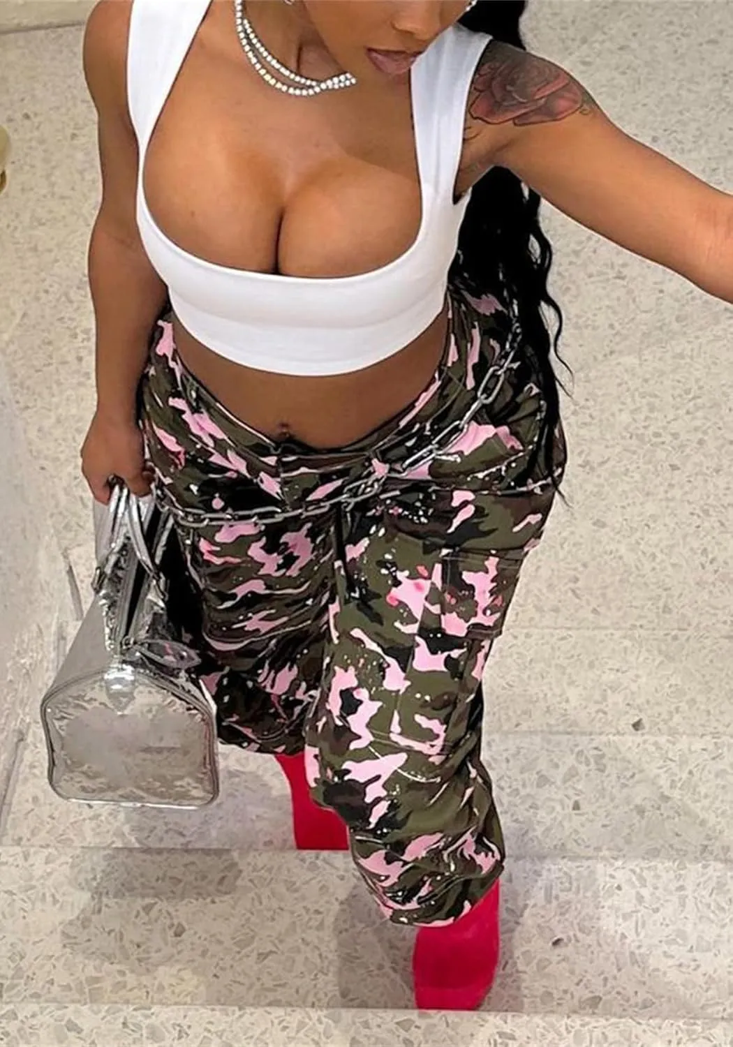 Women Camo Cargo Pants High Waist Baggy Wide Leg Camouflage Army Fatigue Joggers Trousers Slim Fit Pocket Sweatpants