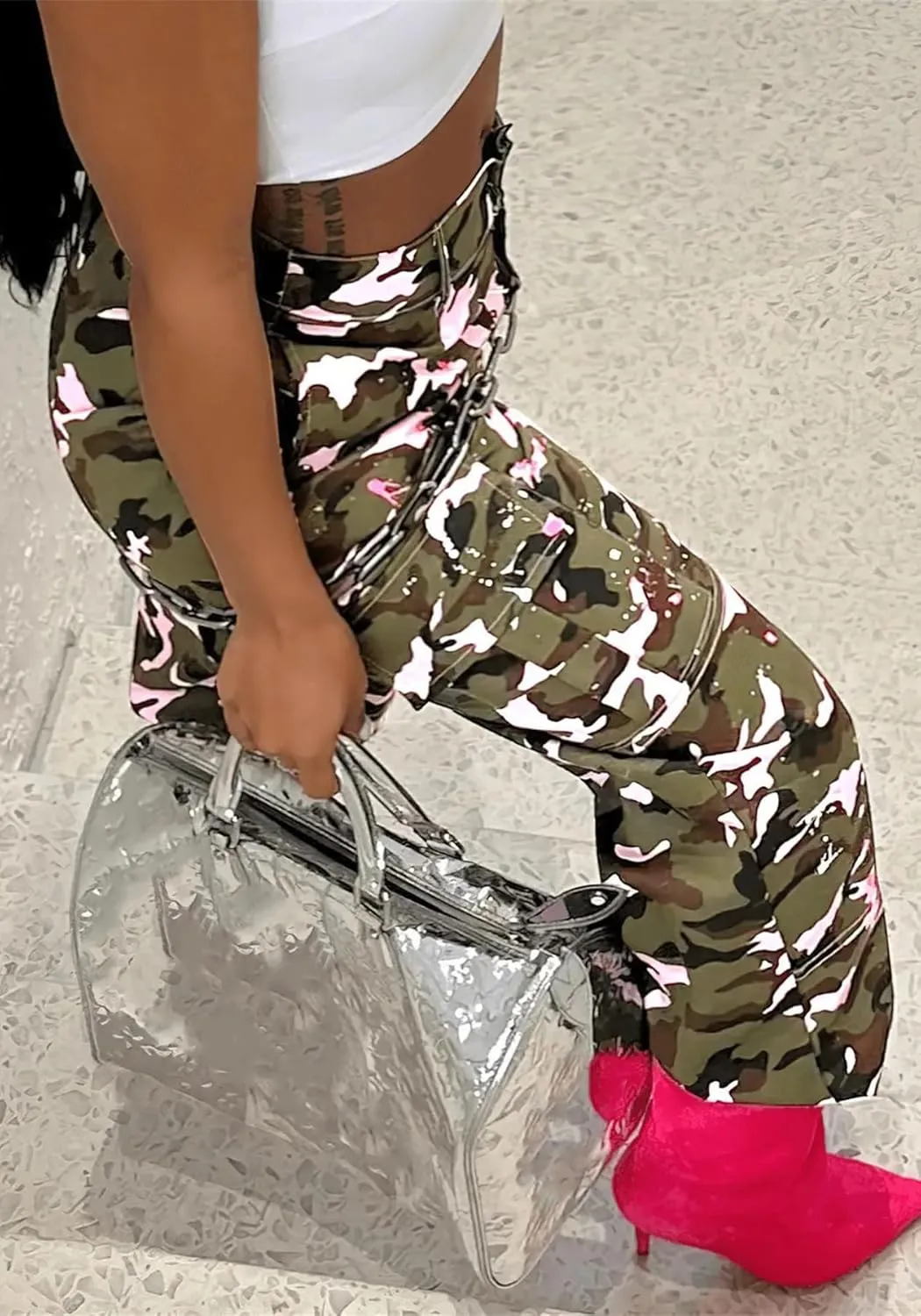 Women Camo Cargo Pants High Waist Baggy Wide Leg Camouflage Army Fatigue Joggers Trousers Slim Fit Pocket Sweatpants