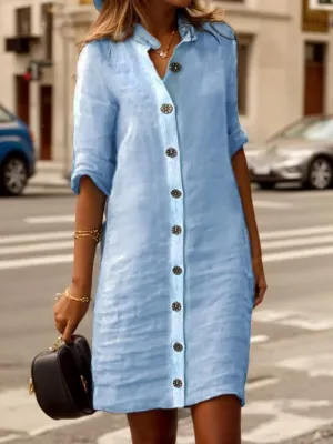 Women Casual Cotton Linen Tshirt Midi Dress Button Down Half Sleeve Stand Collar Loose Beach Flowy Shift Shirt Dress