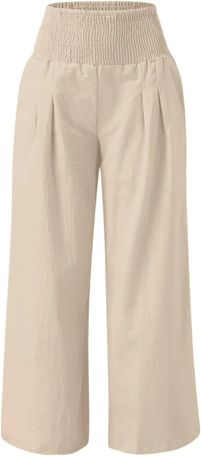 Women Cotton Linen Palazzo Pants Summer High Waist Wide Leg Lounge Slacks Boho Beach Flowy Long Trousers with Pockets