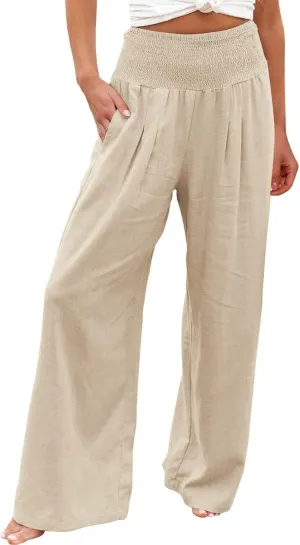 Women Cotton Linen Palazzo Pants Summer High Waist Wide Leg Lounge Slacks Boho Beach Flowy Long Trousers with Pockets