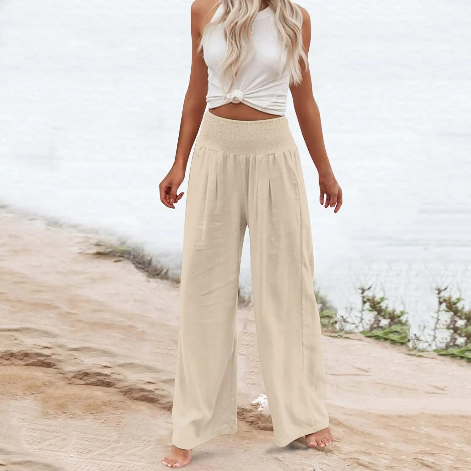 Women Cotton Linen Palazzo Pants Summer High Waist Wide Leg Lounge Slacks Boho Beach Flowy Long Trousers with Pockets