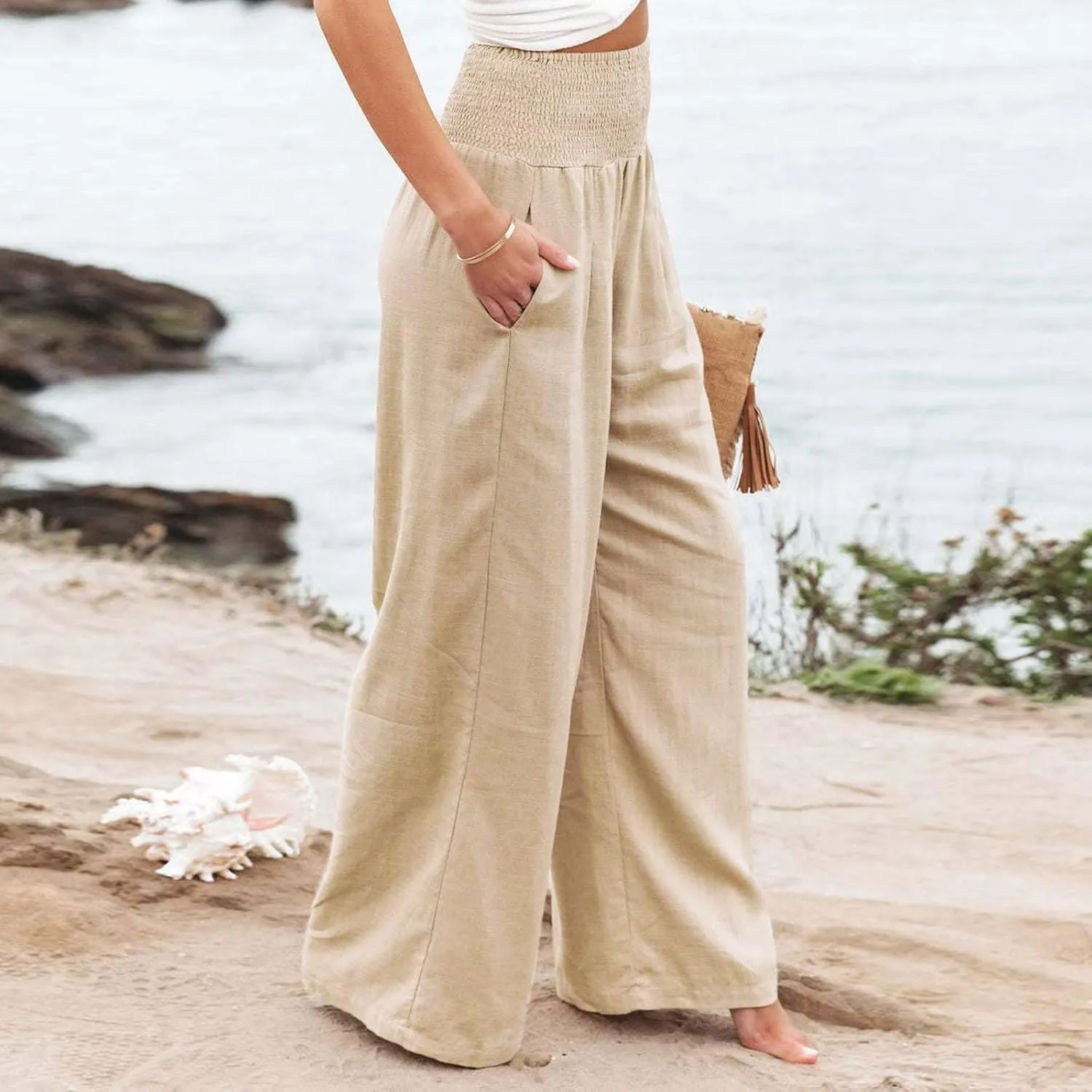 Women Cotton Linen Palazzo Pants Summer High Waist Wide Leg Lounge Slacks Boho Beach Flowy Long Trousers with Pockets