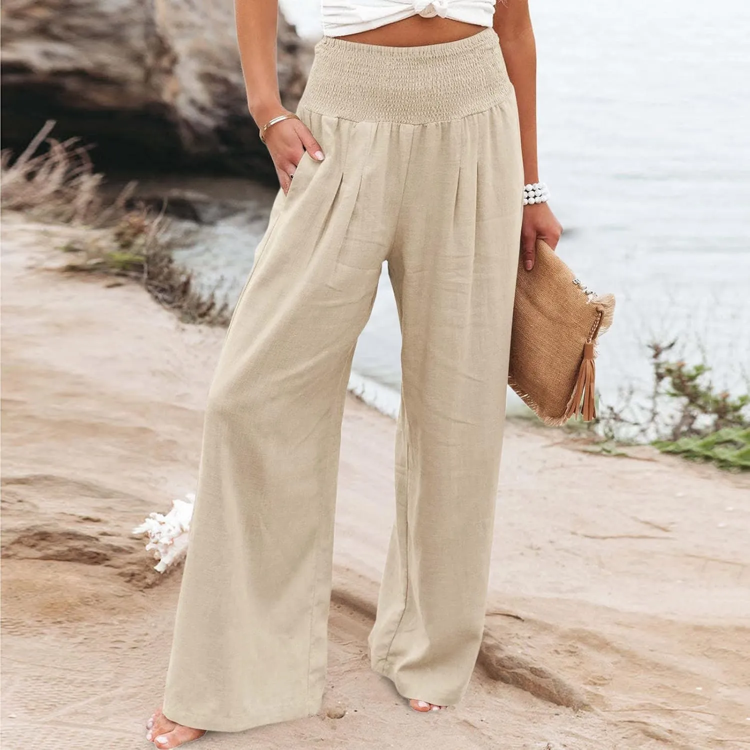 Women Cotton Linen Palazzo Pants Summer High Waist Wide Leg Lounge Slacks Boho Beach Flowy Long Trousers with Pockets