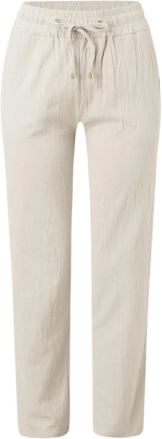 Women Cotton Linen Summer Floral Palazzo Lounge Pants Low Waist Stretchy Slim-Fit Palazzo Pants Beach