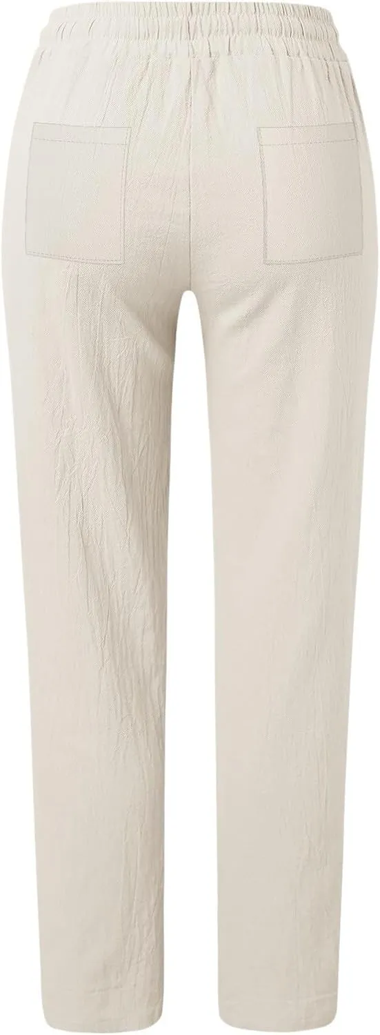 Women Cotton Linen Summer Floral Palazzo Lounge Pants Low Waist Stretchy Slim-Fit Palazzo Pants Beach