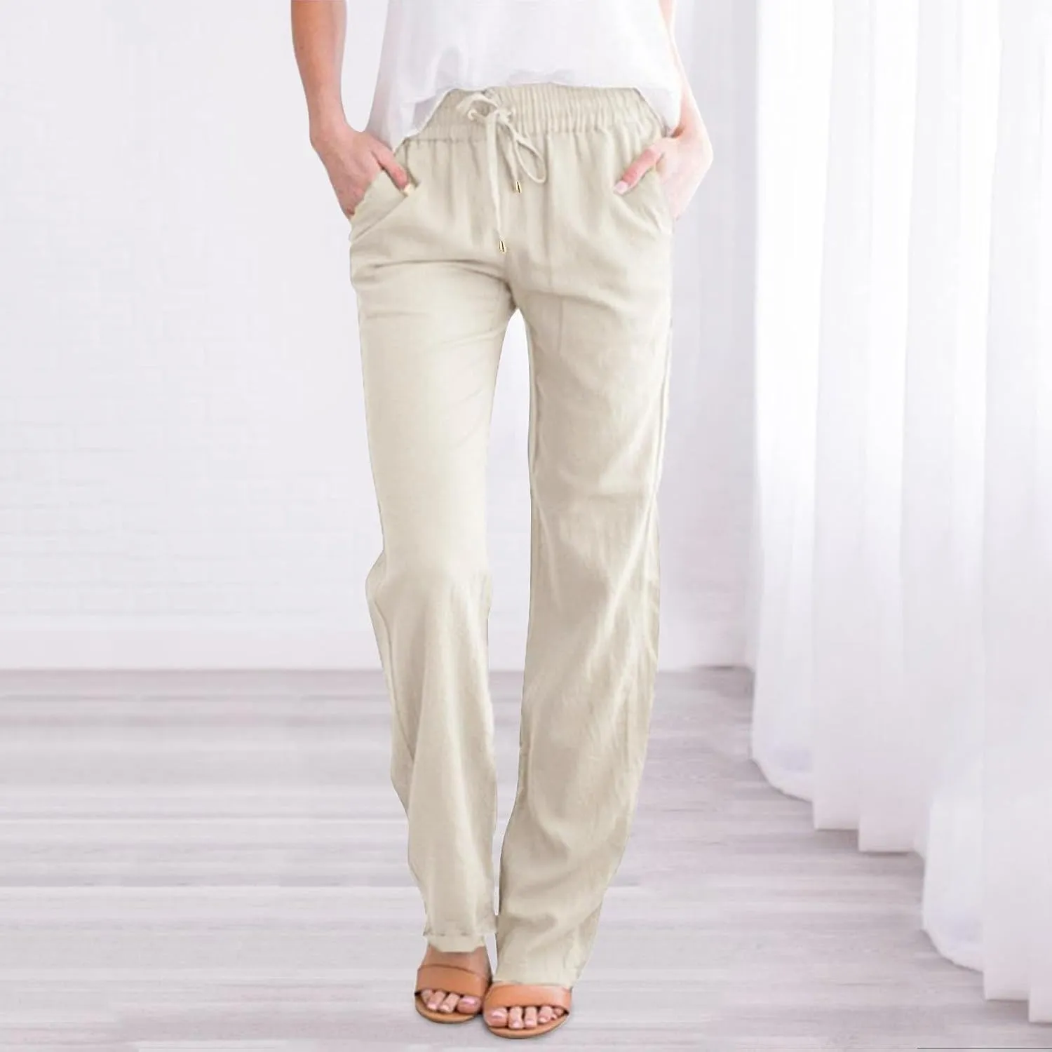 Women Cotton Linen Summer Floral Palazzo Lounge Pants Low Waist Stretchy Slim-Fit Palazzo Pants Beach