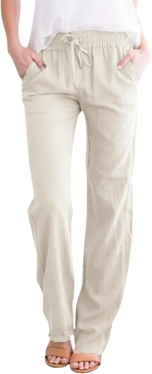 Women Cotton Linen Summer Floral Palazzo Lounge Pants Low Waist Stretchy Slim-Fit Palazzo Pants Beach