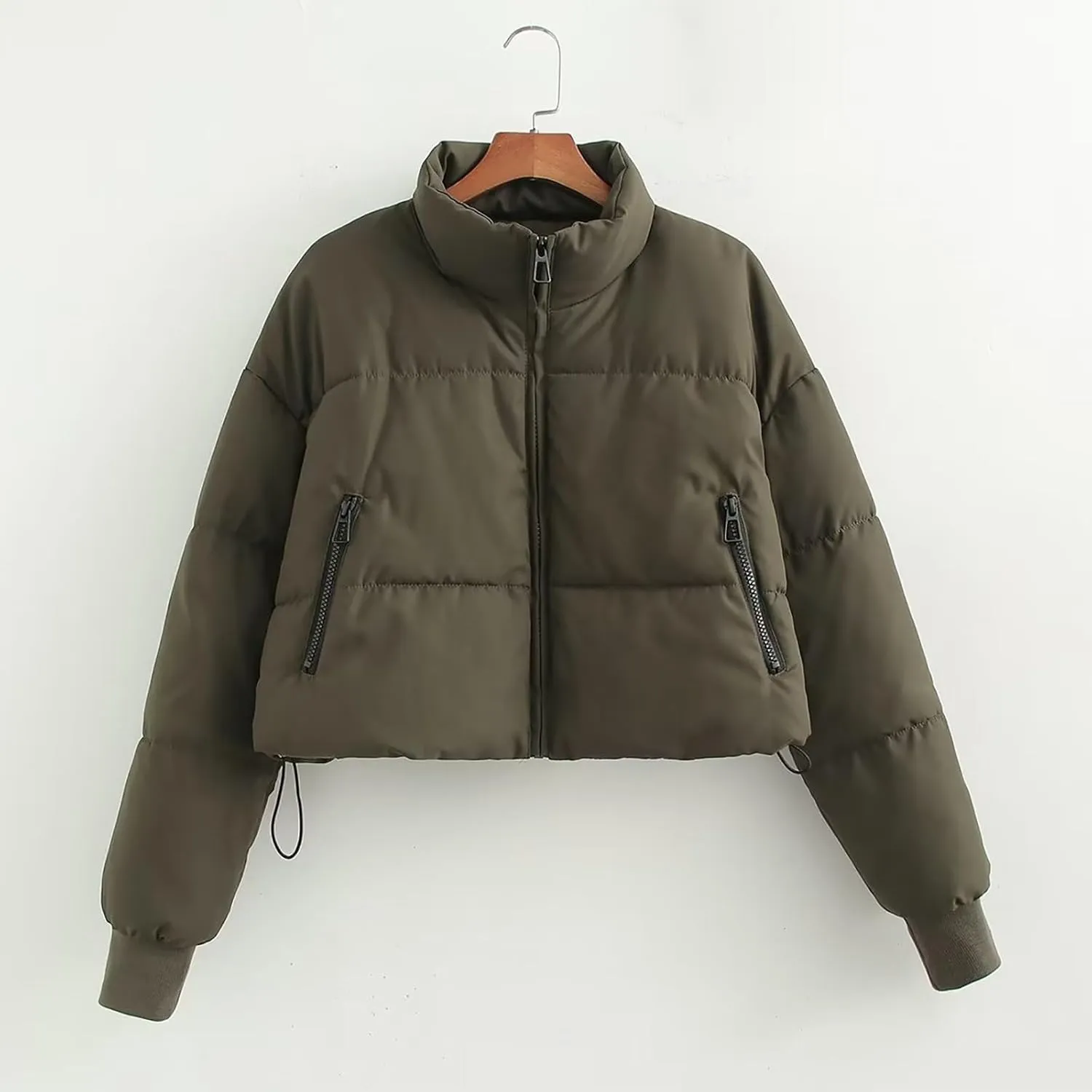 Women Cropped Stand Collar Down Jackets Long Sleeve Solid Full Zipper Puffer Jacket Winter Warm Outdoor Hiking Coat