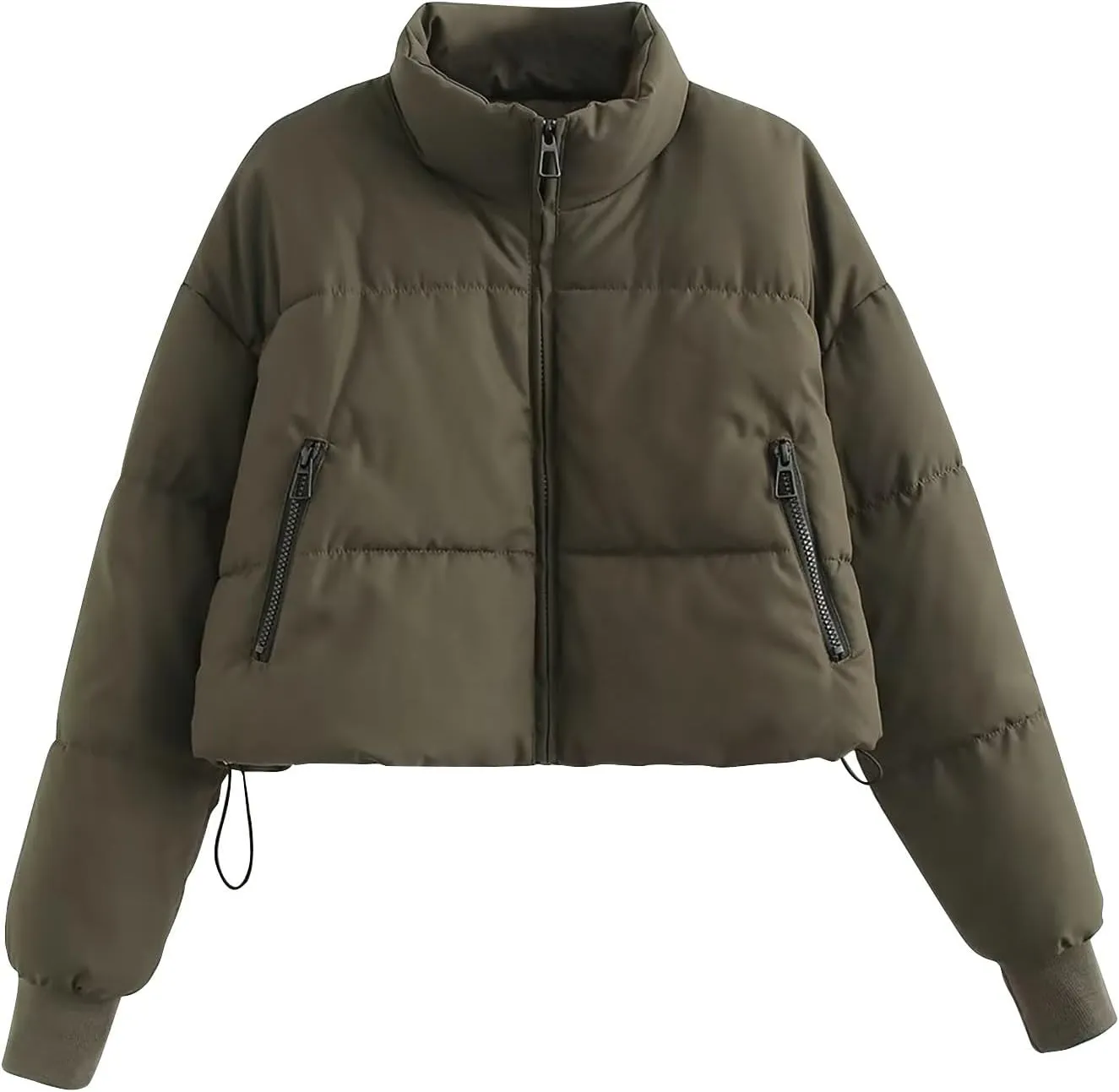 Women Cropped Stand Collar Down Jackets Long Sleeve Solid Full Zipper Puffer Jacket Winter Warm Outdoor Hiking Coat