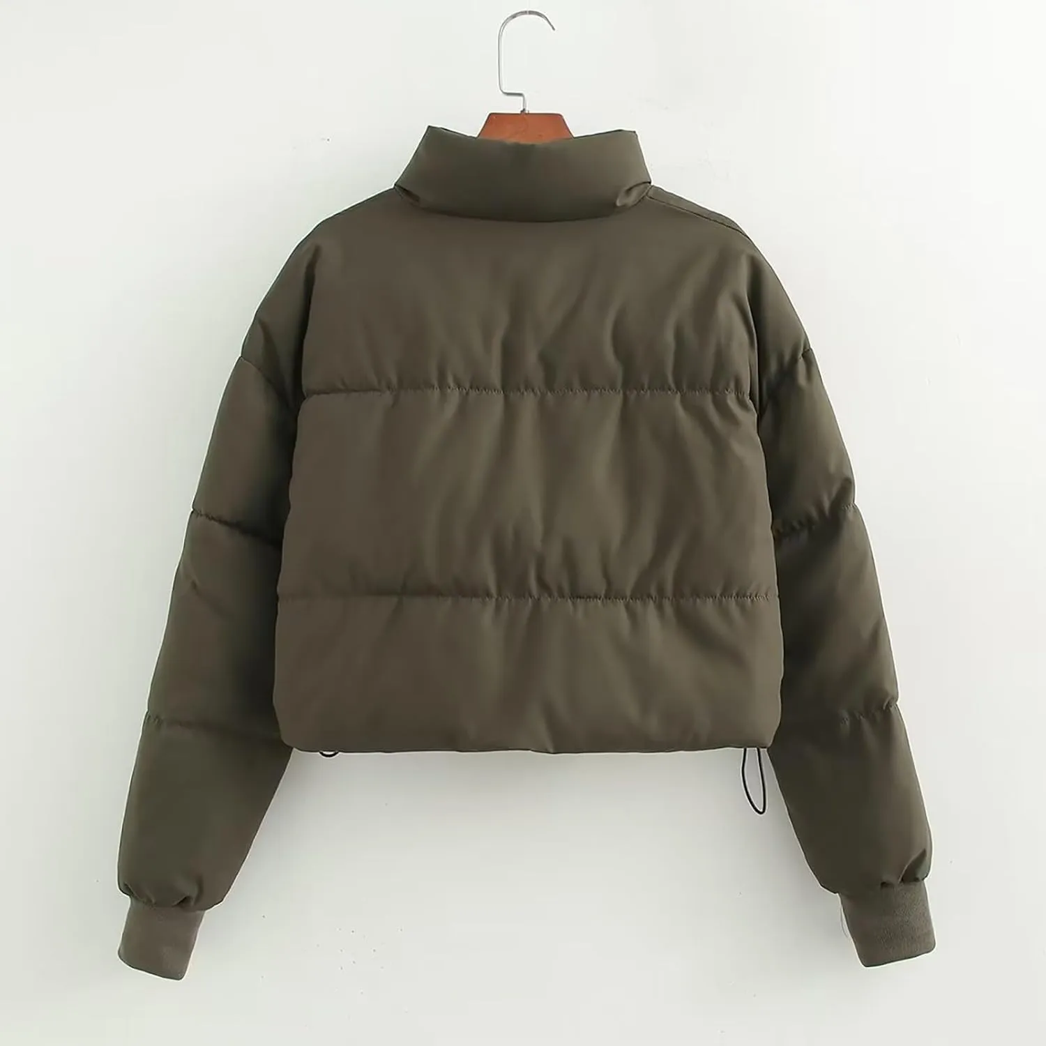Women Cropped Stand Collar Down Jackets Long Sleeve Solid Full Zipper Puffer Jacket Winter Warm Outdoor Hiking Coat