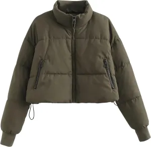 Women Cropped Stand Collar Down Jackets Long Sleeve Solid Full Zipper Puffer Jacket Winter Warm Outdoor Hiking Coat