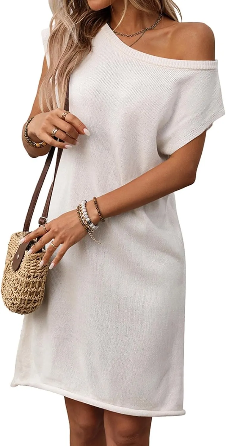 Women Dresses Cold Shoulder Or One Shoulder Short Sleeve Summer Dress Casual Boho Cover Ups Knee Length Beach Dresses