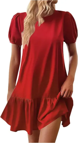 Women Elegant Puff Short Sleeved Mini Dress 2025 Summer Women Beach Casual Fashion Ruffle Hem Party Dress A-Line