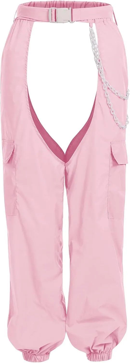 Women Fashion Cargo Pants High Rise Sweatpants Rave Reflective Pants Solid Color Color Block