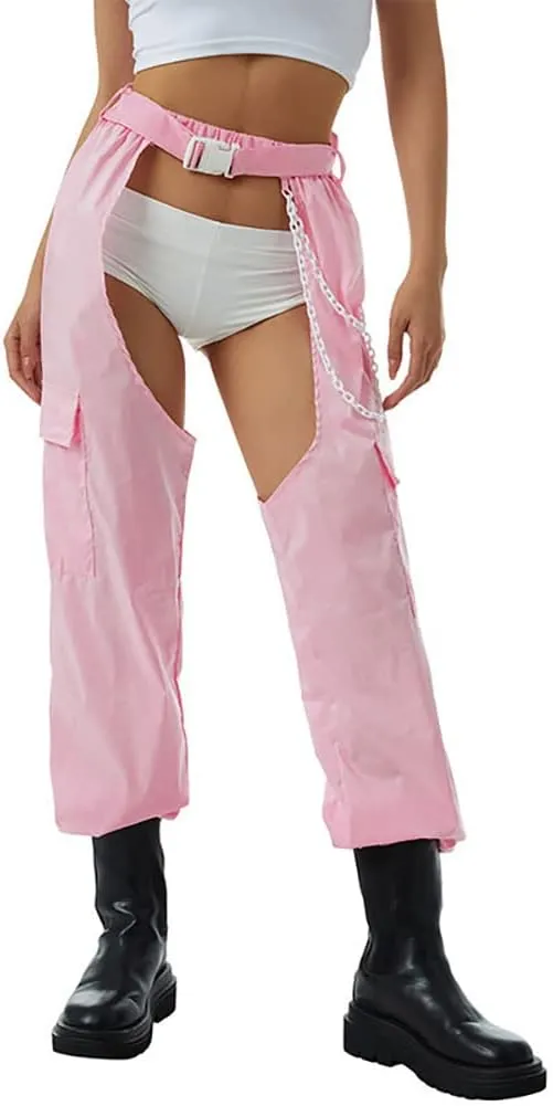 Women Fashion Cargo Pants High Rise Sweatpants Rave Reflective Pants Solid Color Color Block