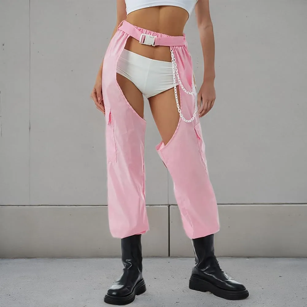 Women Fashion Cargo Pants High Rise Sweatpants Rave Reflective Pants Solid Color Color Block