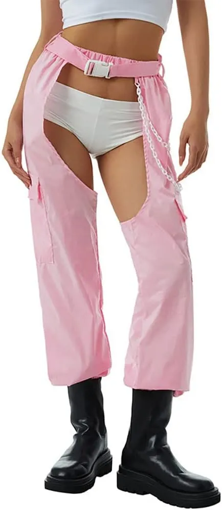 Women Fashion Cargo Pants High Rise Sweatpants Rave Reflective Pants Solid Color Color Block
