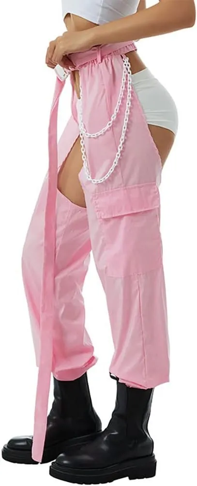 Women Fashion Cargo Pants High Rise Sweatpants Rave Reflective Pants Solid Color Color Block