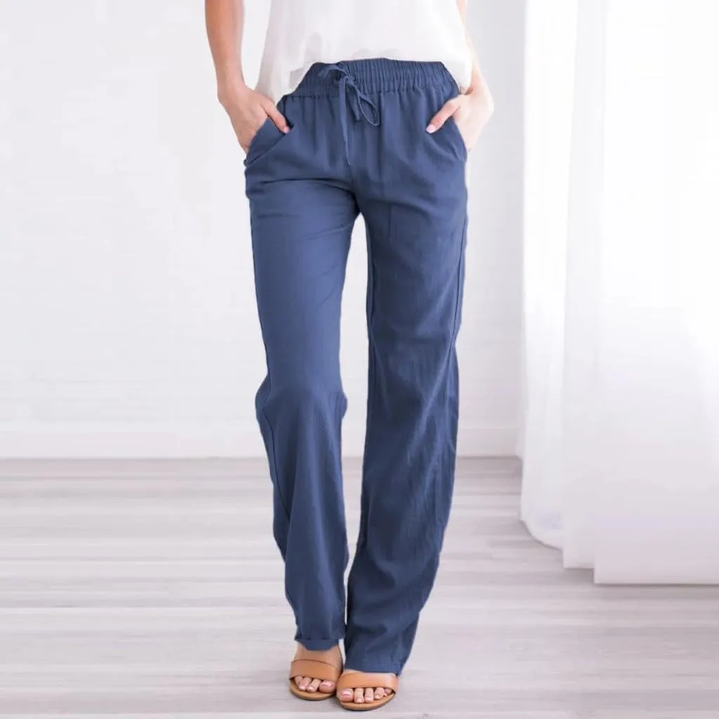 Women High Waist Linen Pant Trendy Boho Flowy Straight Leg Cuffed Trousers Hip Hop Athletic Palazzo Casual Sweatpants