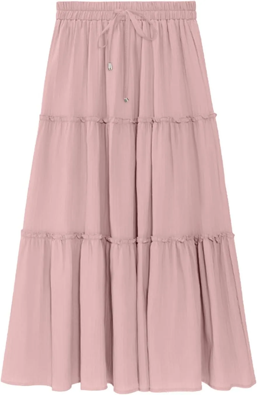 Women High Waist Midi Length Skirts A-Line Pleated Dressy Flowy Long Skirts Casual Ladies Business Skirts with Pockets