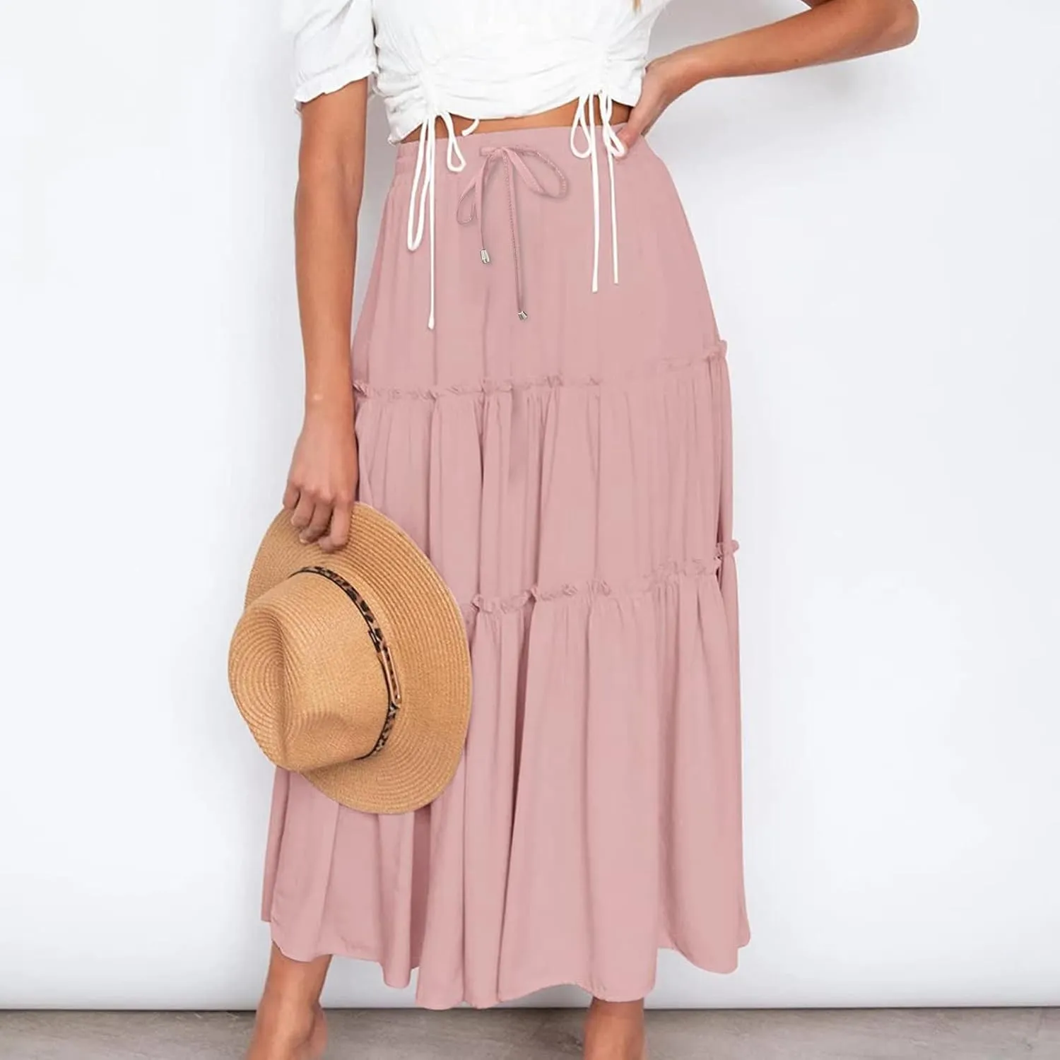 Women High Waist Midi Length Skirts A-Line Pleated Dressy Flowy Long Skirts Casual Ladies Business Skirts with Pockets