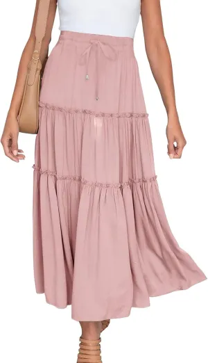 Women High Waist Midi Length Skirts A-Line Pleated Dressy Flowy Long Skirts Casual Ladies Business Skirts with Pockets