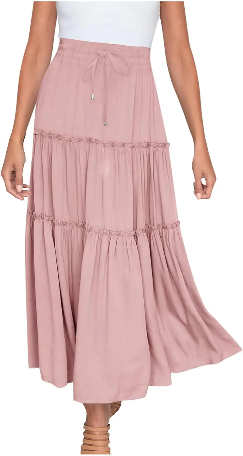 Women High Waist Midi Length Skirts A-Line Pleated Dressy Flowy Long Skirts Casual Ladies Business Skirts with Pockets