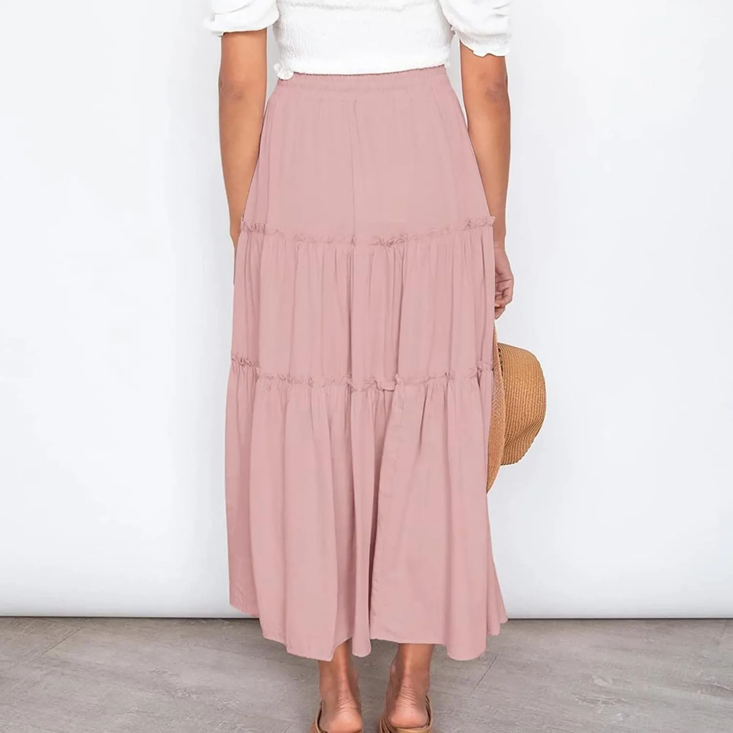 Women High Waist Midi Length Skirts A-Line Pleated Dressy Flowy Long Skirts Casual Ladies Business Skirts with Pockets