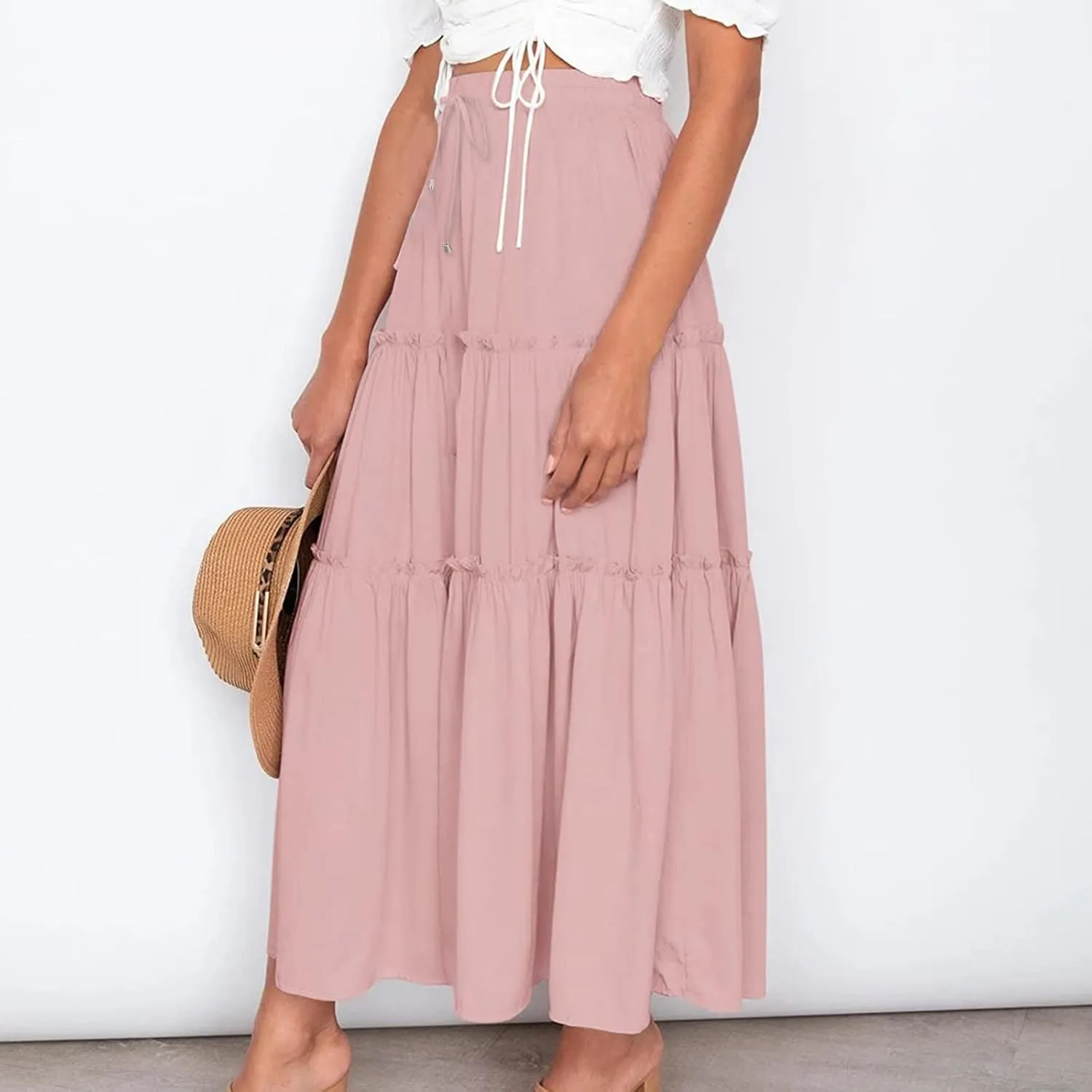 Women High Waist Midi Length Skirts A-Line Pleated Dressy Flowy Long Skirts Casual Ladies Business Skirts with Pockets