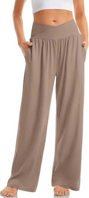 Women High Waist Straight Leg Pants Solid Color Crossed Trousers Casual Loose Sports Pant Slim Stretchy Yoga Pants
