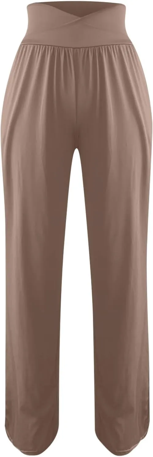 Women High Waist Straight Leg Pants Solid Color Crossed Trousers Casual Loose Sports Pant Slim Stretchy Yoga Pants
