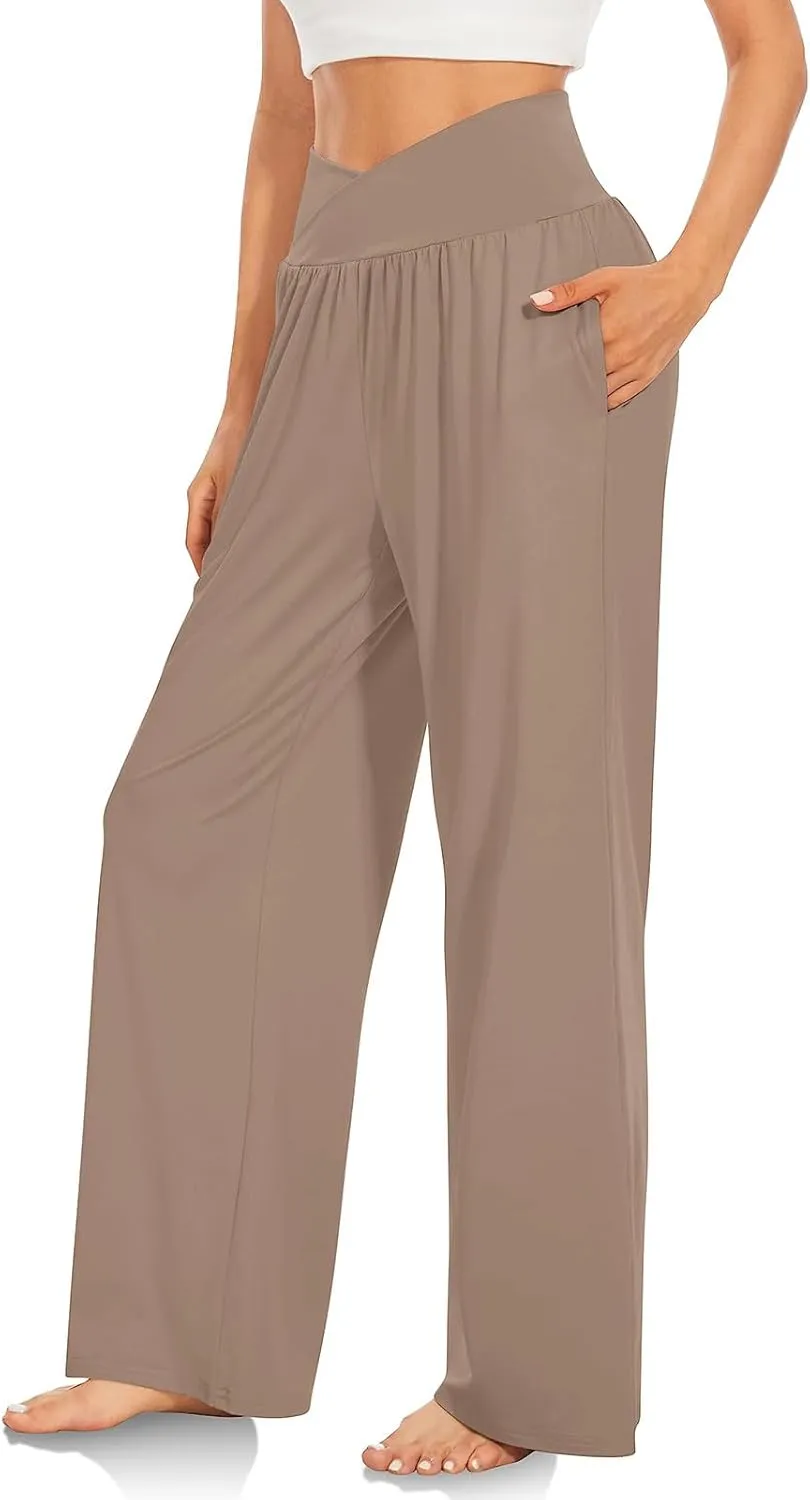 Women High Waist Straight Leg Pants Solid Color Crossed Trousers Casual Loose Sports Pant Slim Stretchy Yoga Pants