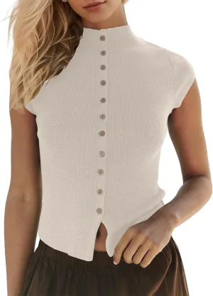 Women Lightweight Mock Neck Button Down Open Front Cardigan Sweater Top Solid Cap Sleeve Slim Fit Knit Tee Shirts