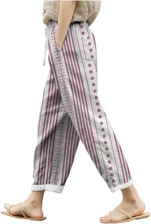 Women Linen Blend Summer Lightweigt Pant Trousers Elastic Waist Wide Leg Plus Size Pants Business Work