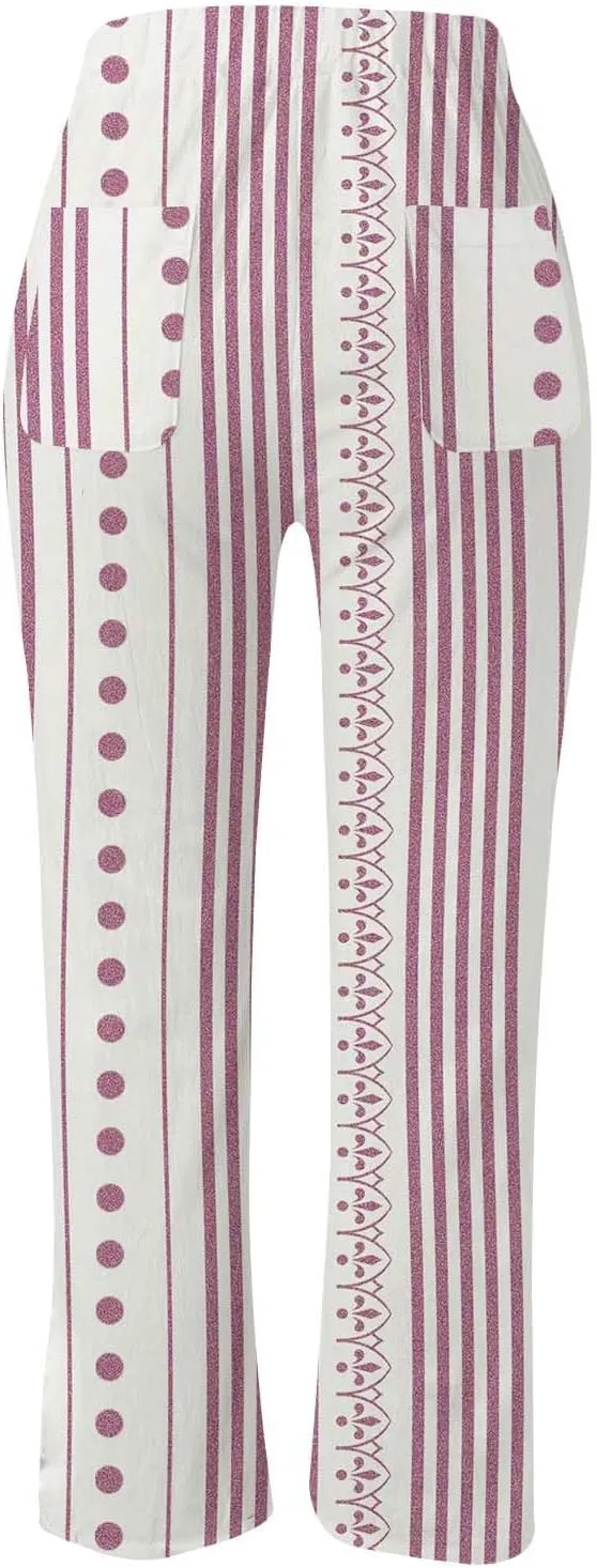 Women Linen Blend Summer Lightweigt Pant Trousers Elastic Waist Wide Leg Plus Size Pants Business Work