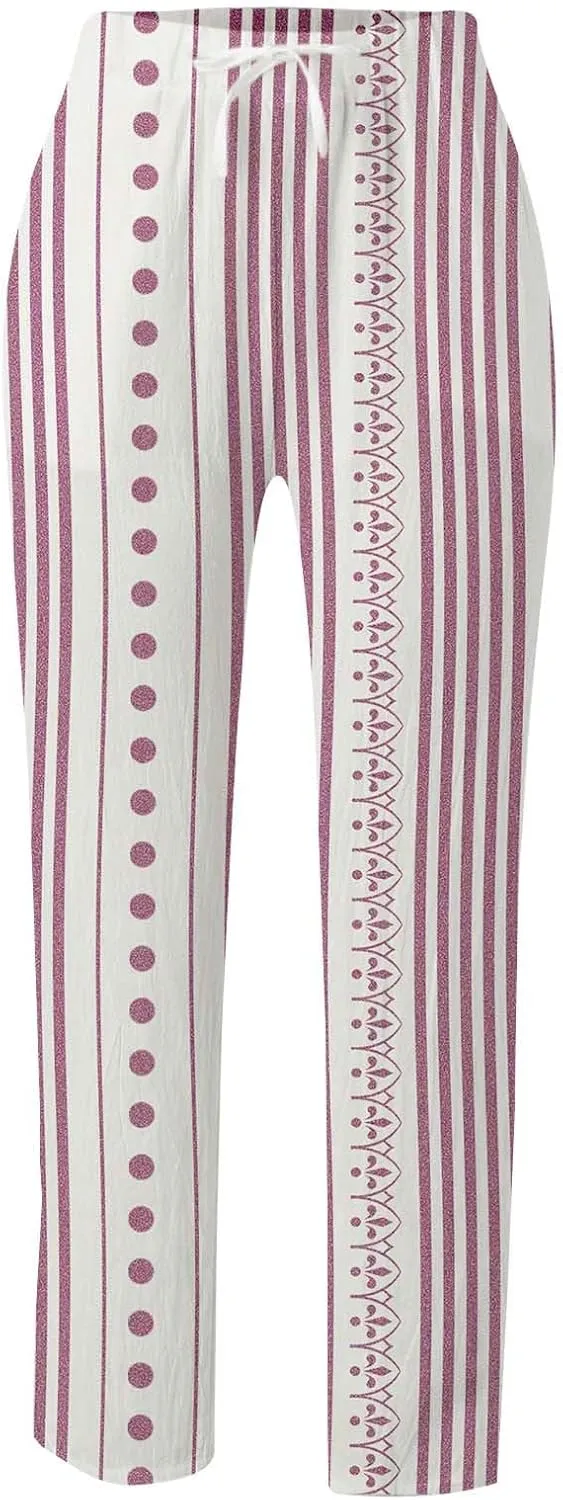 Women Linen Blend Summer Lightweigt Pant Trousers Elastic Waist Wide Leg Plus Size Pants Business Work