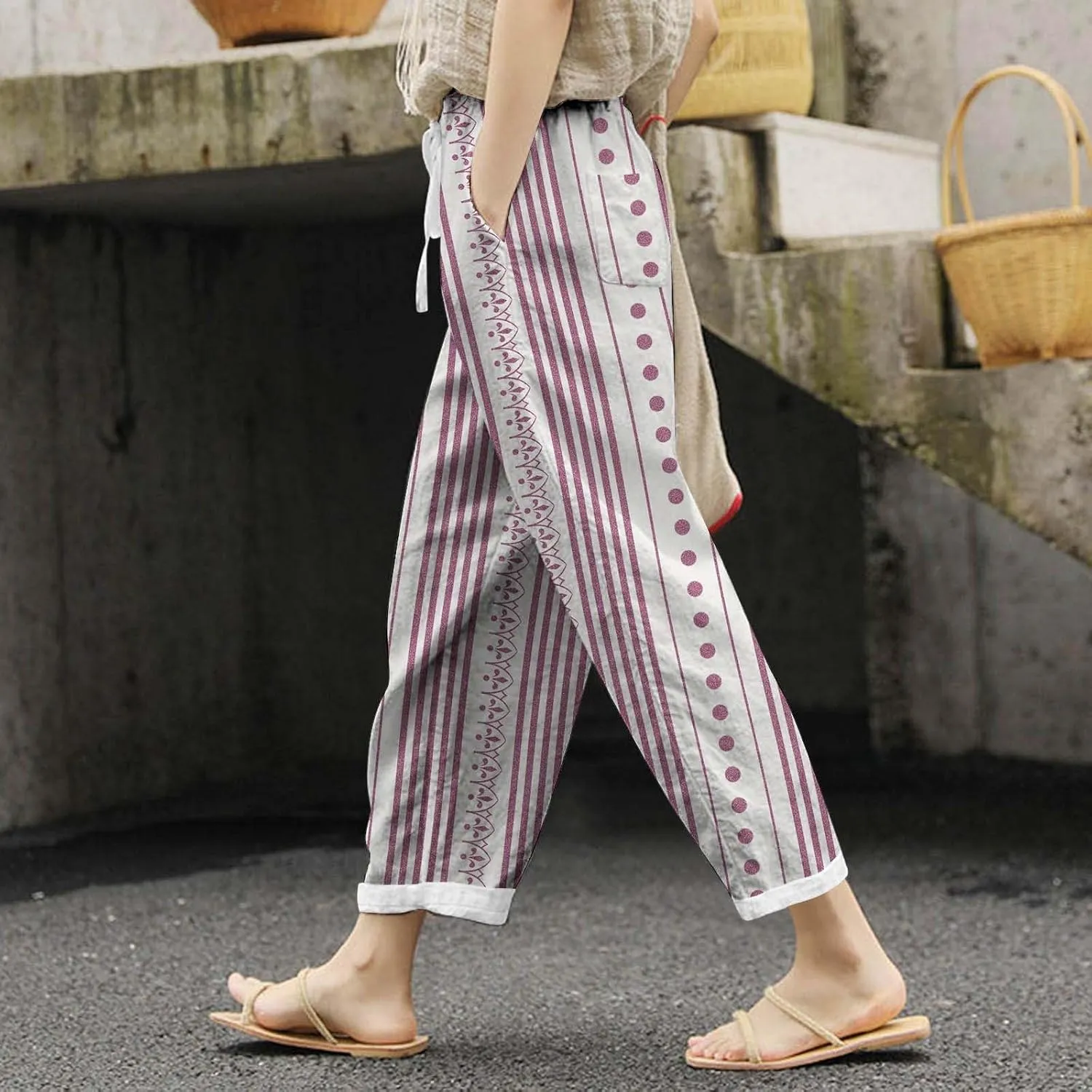 Women Linen Blend Summer Lightweigt Pant Trousers Elastic Waist Wide Leg Plus Size Pants Business Work